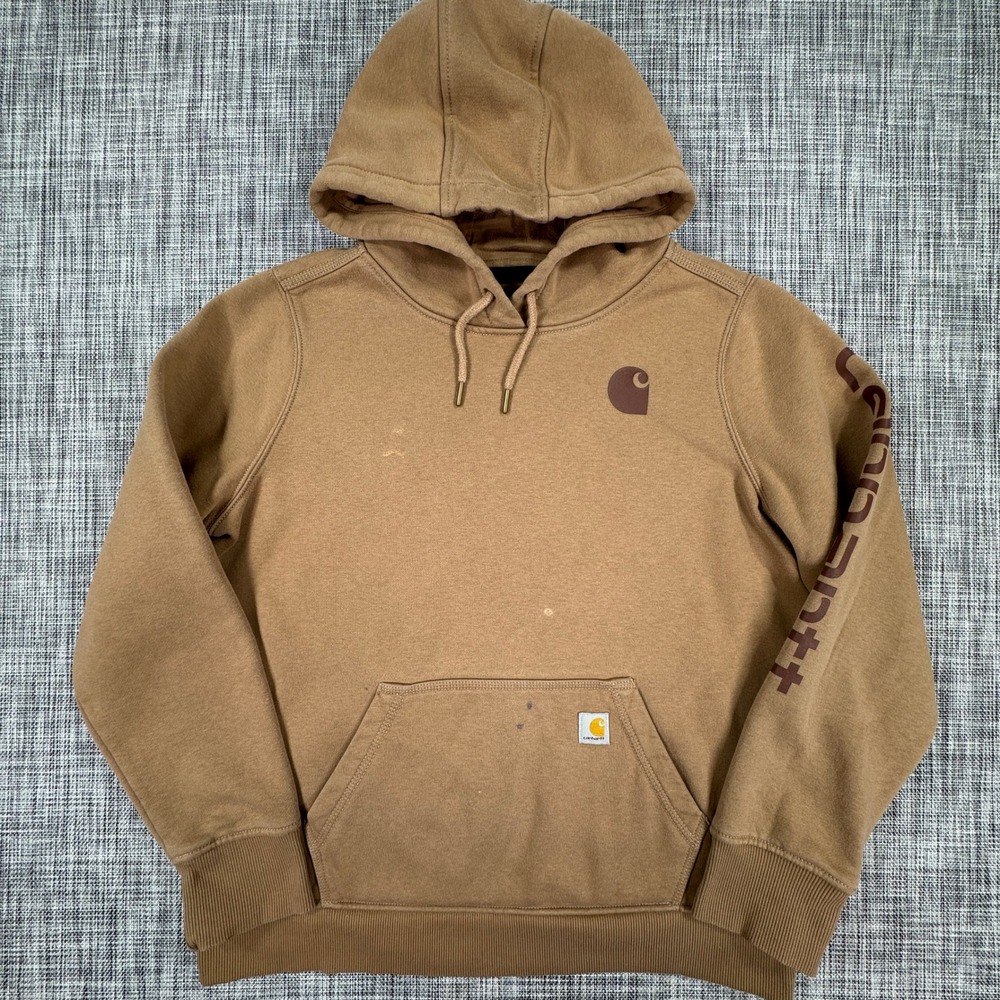 Carhartt Womens Large 12-14 Hoodie Brown Relaxed Fit Sleeve Logo Fleece Pullover